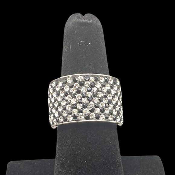 Stunning Black & white rhinestone cigar band 925 Sterling Silver size 7 - Picture 6 of 9